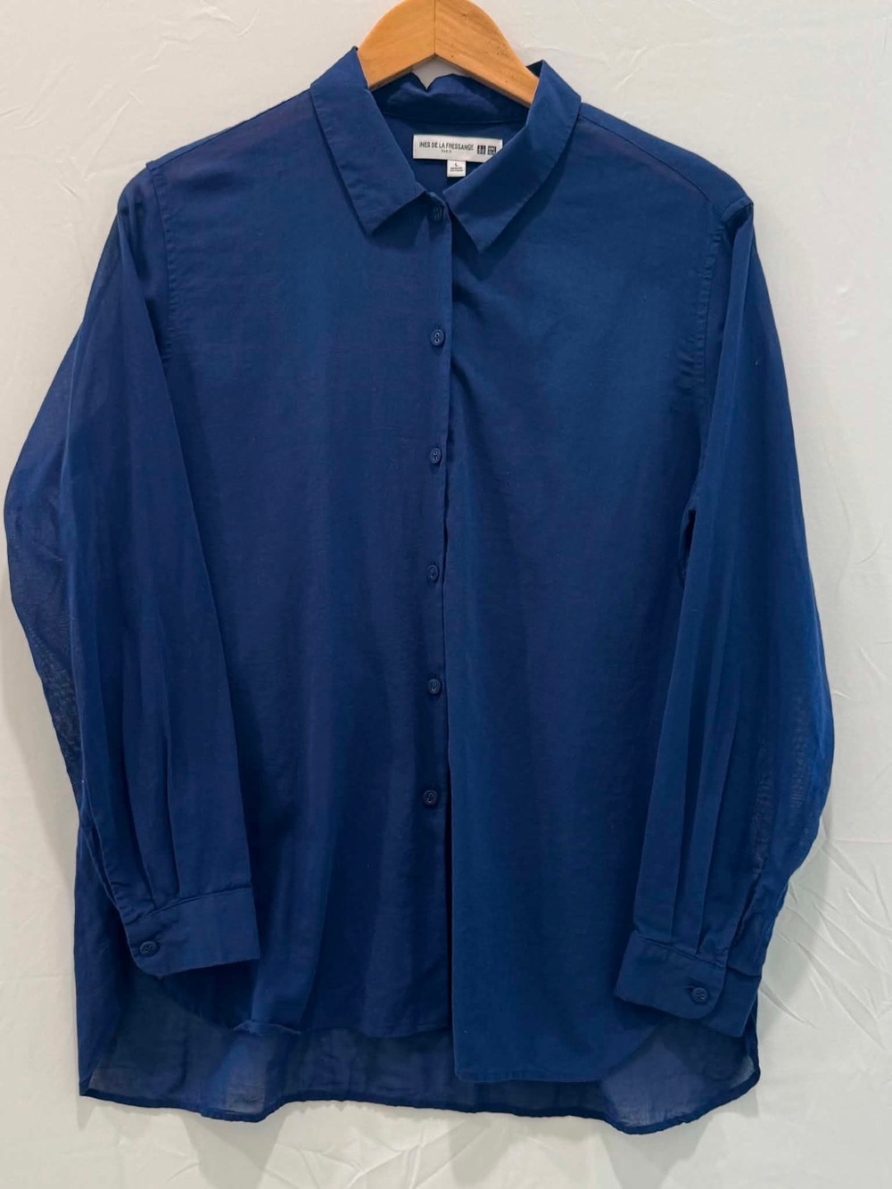 Ines De la Fressange Uniqlo Women's Navy Button-Down Sheer  Cotton Top L